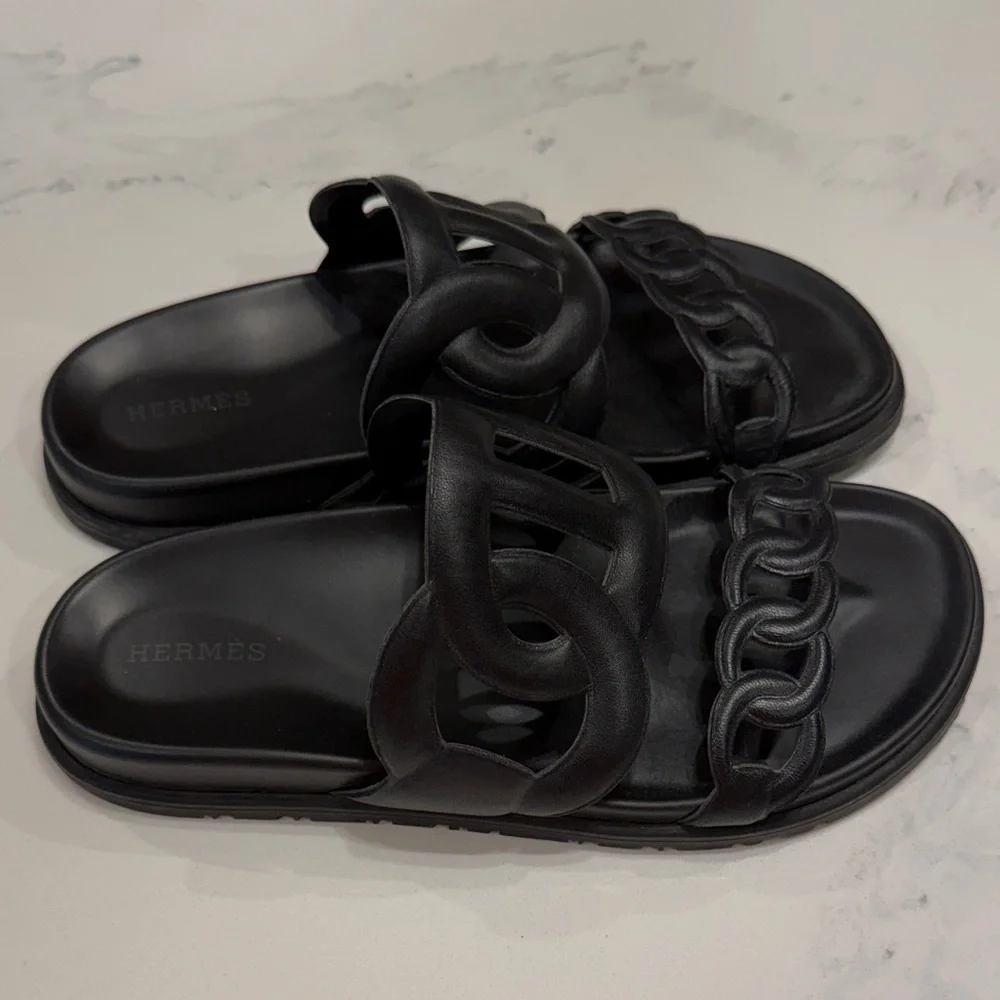 Hermès Black Double-strap Leather Slide Sandals - Picture 3 of 7